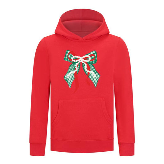 Everyday Kids Christmas Collection Green Gingham Pearl Bow Girls Pullover Hoodie – Holiday Sweatshirt - Red