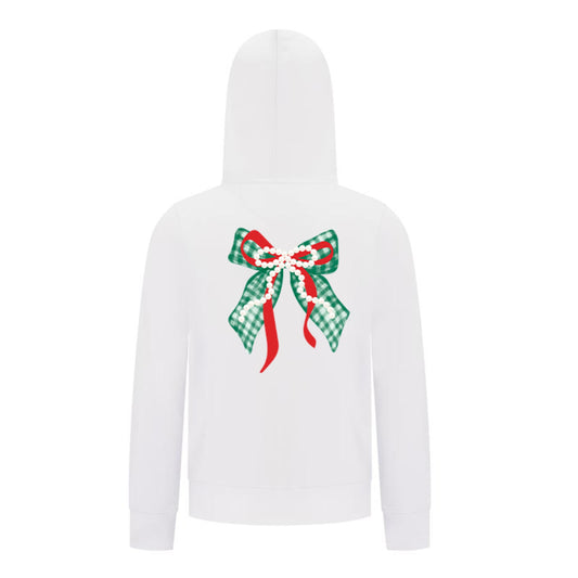 Everyday Kids Christmas Collection Green Gingham Pearl Bow Girls Zip Up Hoodie – Holiday Sweatshirt - White