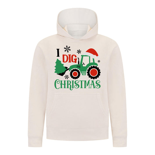 Everyday Kids Christmas Collection I Dig Christmas Pullover Hoodies – Holiday Tractor Sweatshirt - Off-White