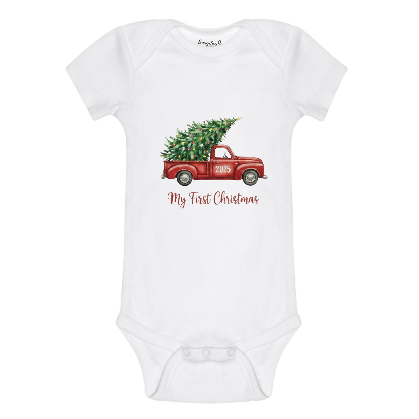 Everyday Kids Christmas Collection My First Christmas Red Truck Baby Onesie – Holiday Tree Pickup Graphic Bodysuit