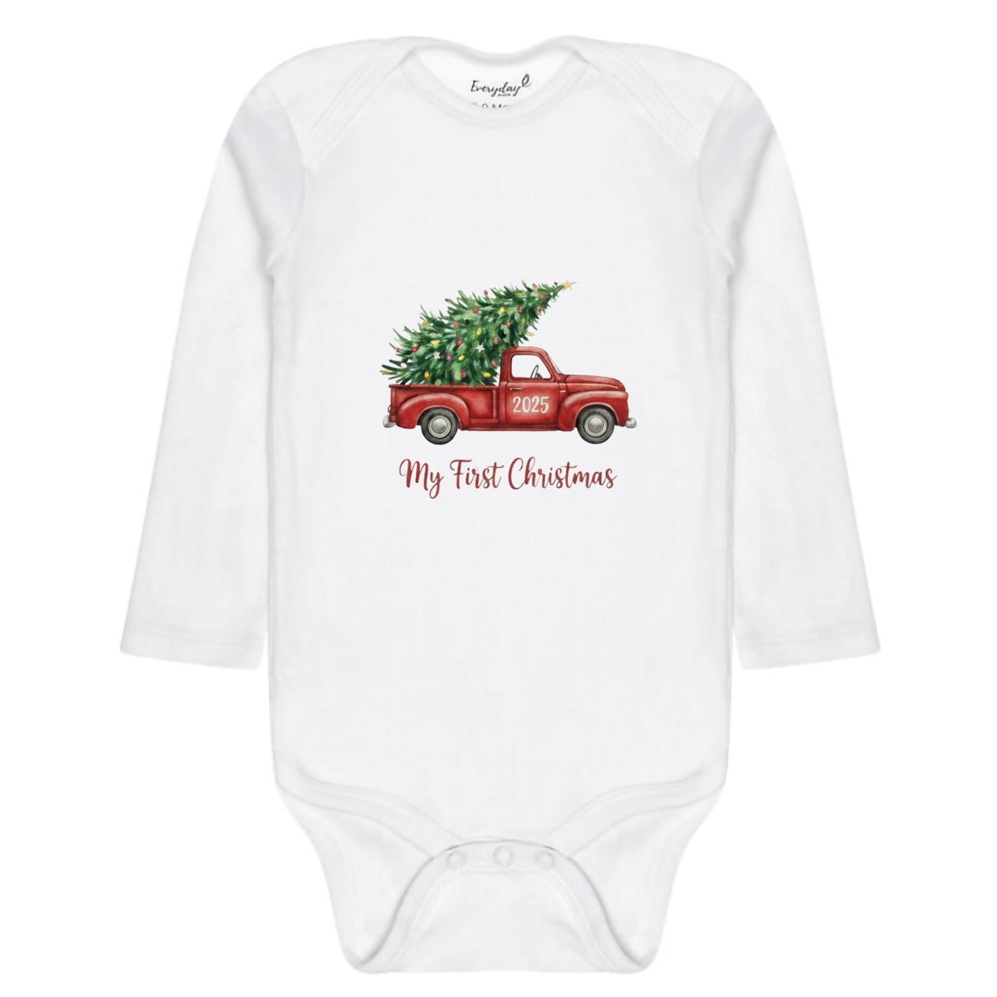 Everyday Kids Christmas Collection My First Christmas Red Truck Baby Onesie – Holiday Tree Pickup Graphic Bodysuit