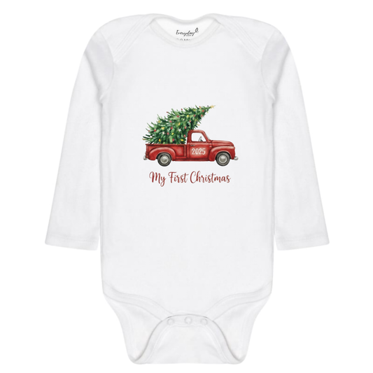 Everyday Kids Christmas Collection My First Christmas Red Truck Baby Onesie – Holiday Tree Pickup Graphic Bodysuit