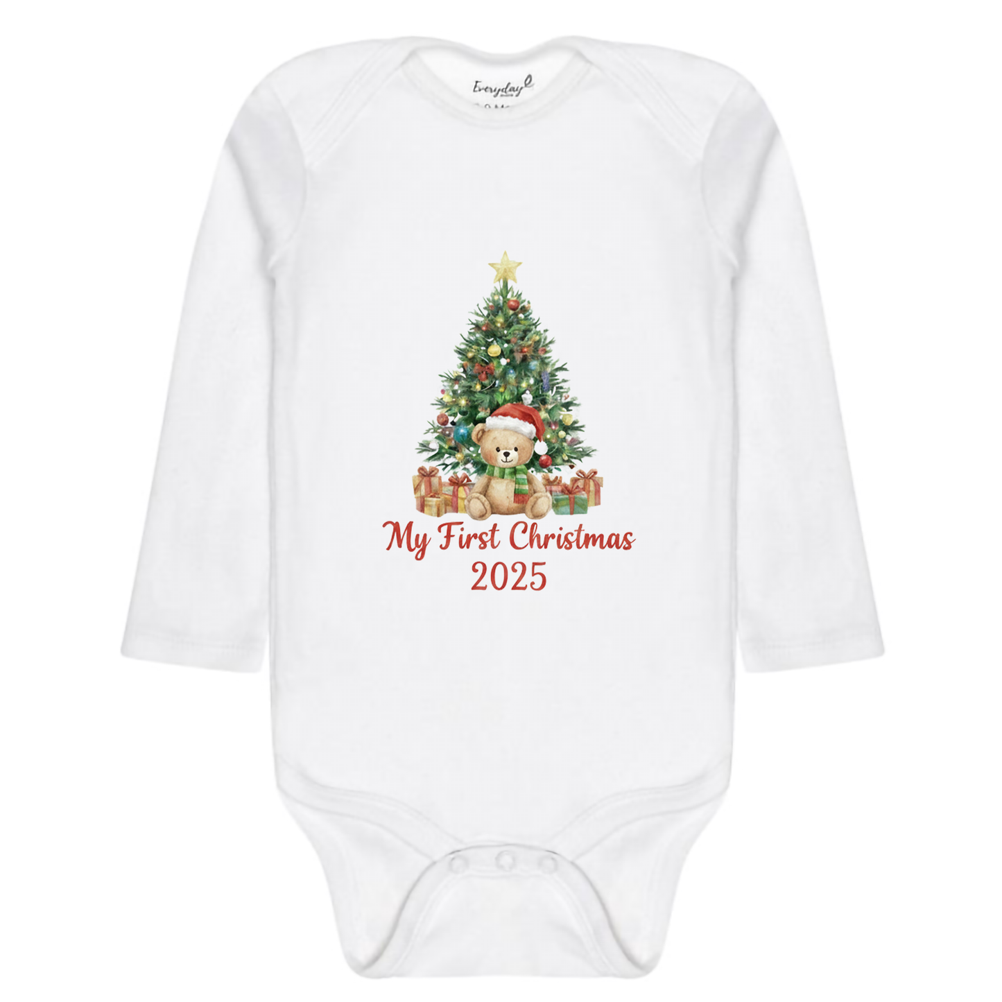 Everyday Kids Christmas Collection My First Christmas 2025 Teddy Tree Baby Onesie – Holiday Graphic Bodysuit