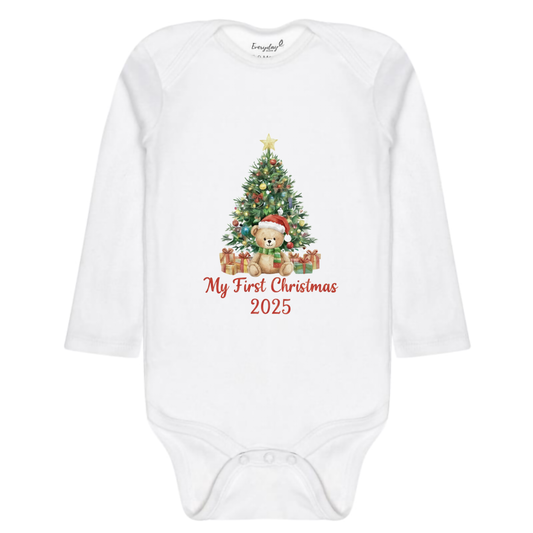 Everyday Kids Christmas Collection My First Christmas 2025 Teddy Tree Baby Onesie – Holiday Graphic Bodysuit