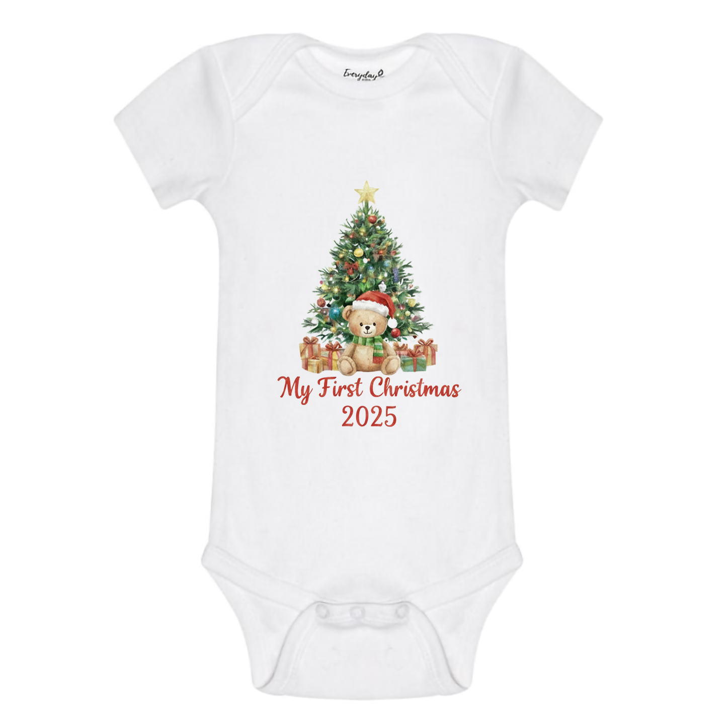 Everyday Kids Christmas Collection My First Christmas 2025 Teddy Tree Baby Onesie – Holiday Graphic Bodysuit