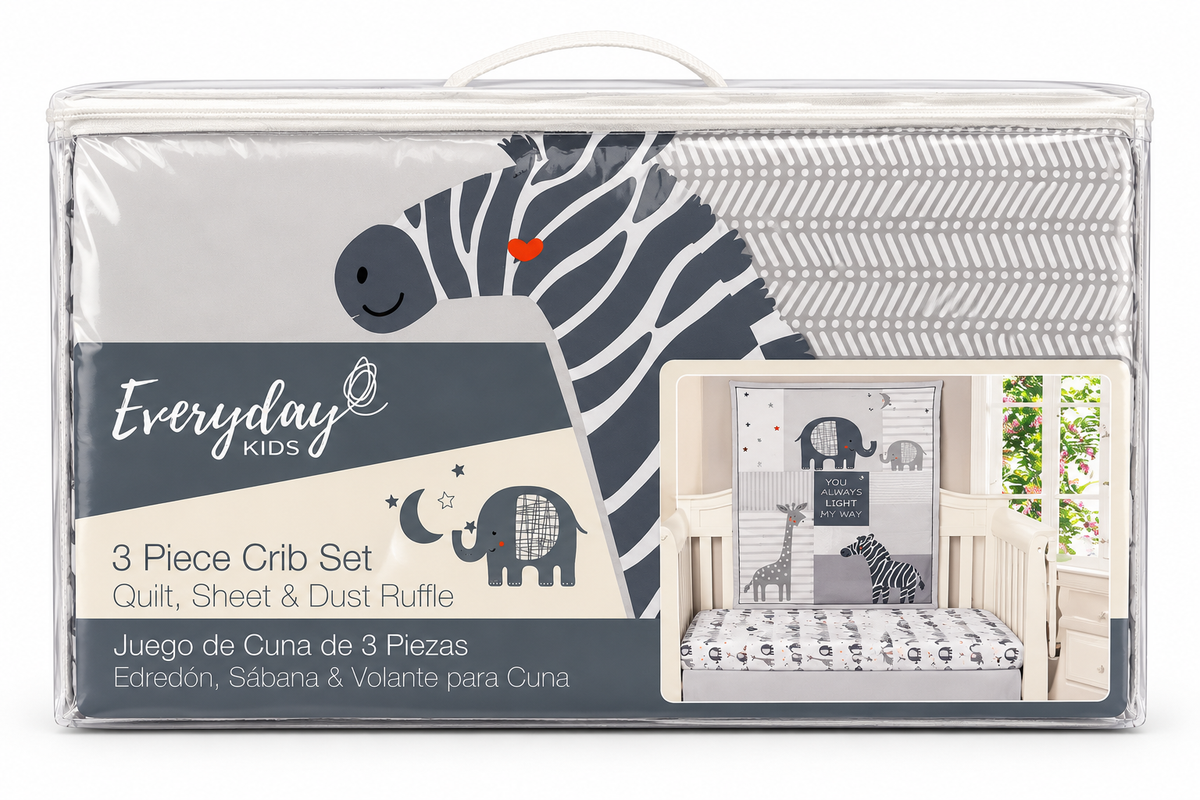 Everyday Kids 3 Piece Crib Set with Quilt, Dust Ruffle and Fitted Crib Sheet, Gray and White Elephant Giraffe Zebra Nursery Bedding