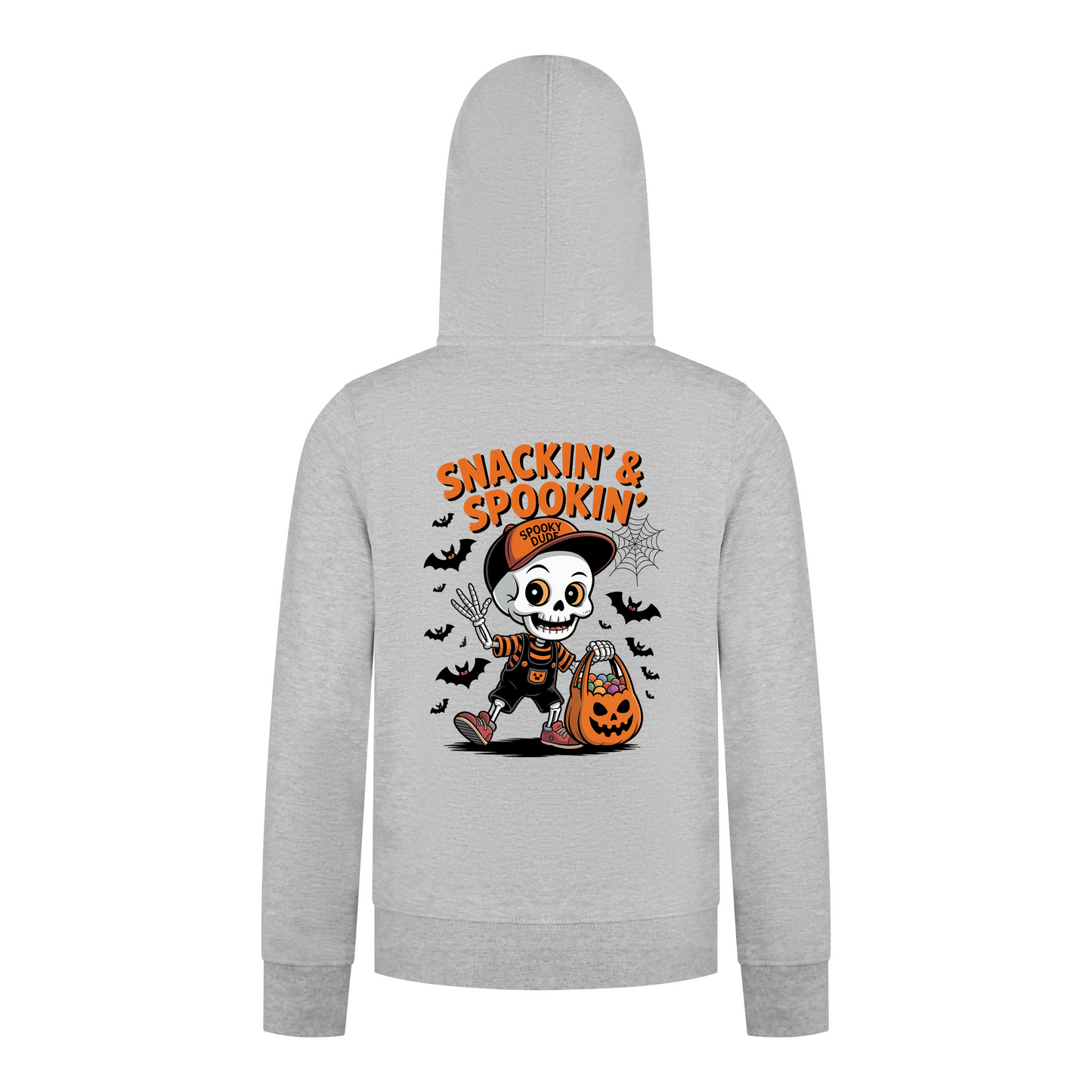 Everyday Kids “Snackin’ & Spookin’” Zip Up Halloween Hoodie – Skeleton Trick-or-Treater with Candy Bag – Cozy Fall Sweatshirt for Boys, Heather Gray