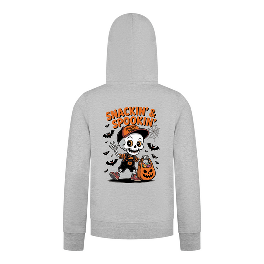 Everyday Kids “Snackin’ & Spookin’” Zip Up Halloween Hoodie – Skeleton Trick-or-Treater with Candy Bag – Cozy Fall Sweatshirt for Boys, Heather Gray
