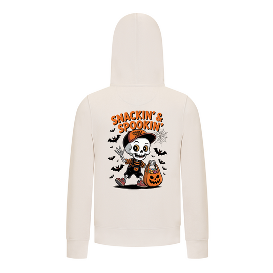 Everyday Kids “Snackin’ & Spookin’” Zip Up Halloween Hoodie – Skeleton Trick-or-Treater with Candy Bag – Cozy Fall Sweatshirt for Boys, Off-White