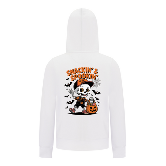 Everyday Kids “Snackin’ & Spookin’” Zip Up Halloween Hoodie – Skeleton Trick-or-Treater with Candy Bag – Cozy Fall Sweatshirt for Boys, White