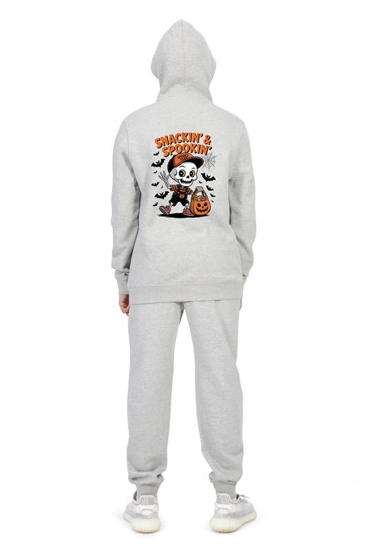 Everyday Kids “Snackin’ & Spookin’” Zip Up Halloween Hoodie – Skeleton Trick-or-Treater with Candy Bag – Cozy Fall Sweatshirt for Boys, Heather Gray
