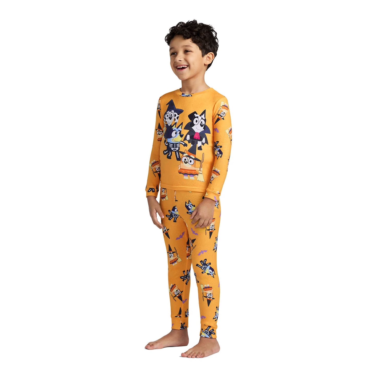 Bluey Halloween Unisex 2-Piece Cotton Pajama Set, Long Sleeve Bluey and Bingo Costume Graphic Top and Matching Pants, Orange
