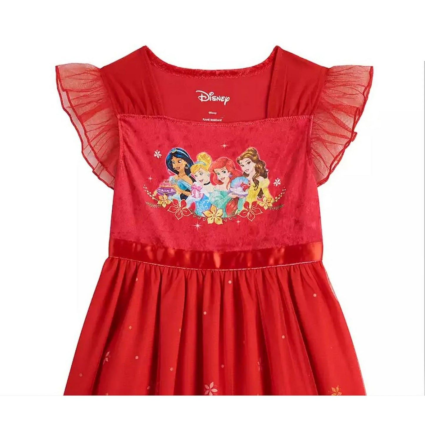 Disney Princess Girls Red Nightgown Sleepwear with Tulle Overlay – Soft Character Pajamas for Kids
