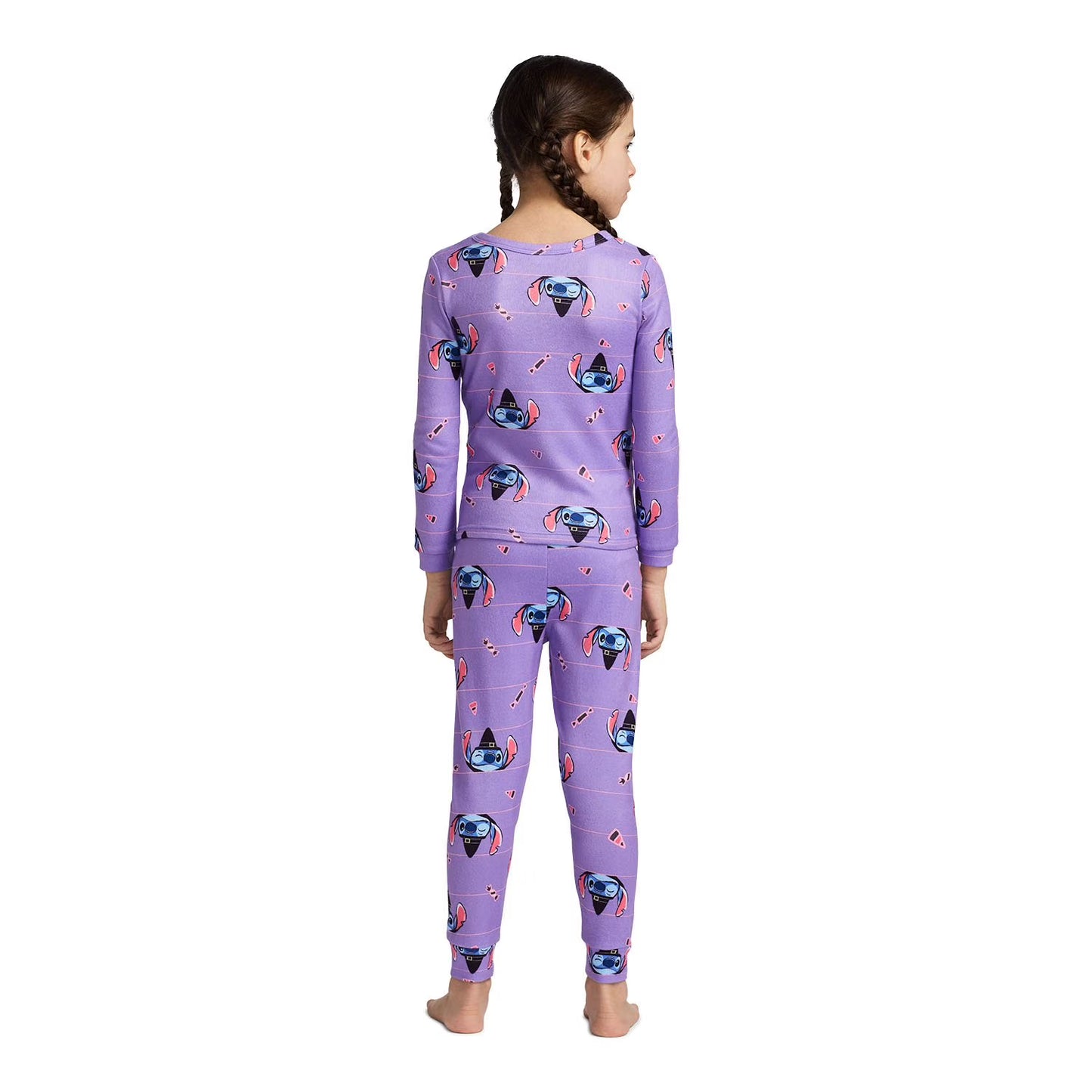 Disney Stitch Halloween Girls 2-Piece Cotton Pajama Set, Long Sleeve "Gimme Candy" Witch Stitch Graphic and Striped Pants, Purple