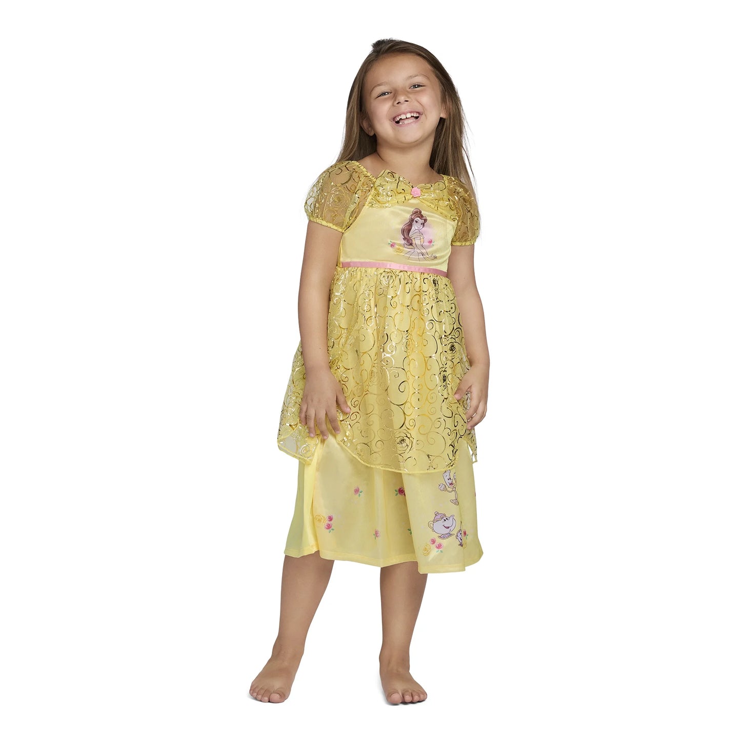 Disney Princess Belle Girls Yellow Nightgown with Gold Overlay Short Sleeve Sleep Dress