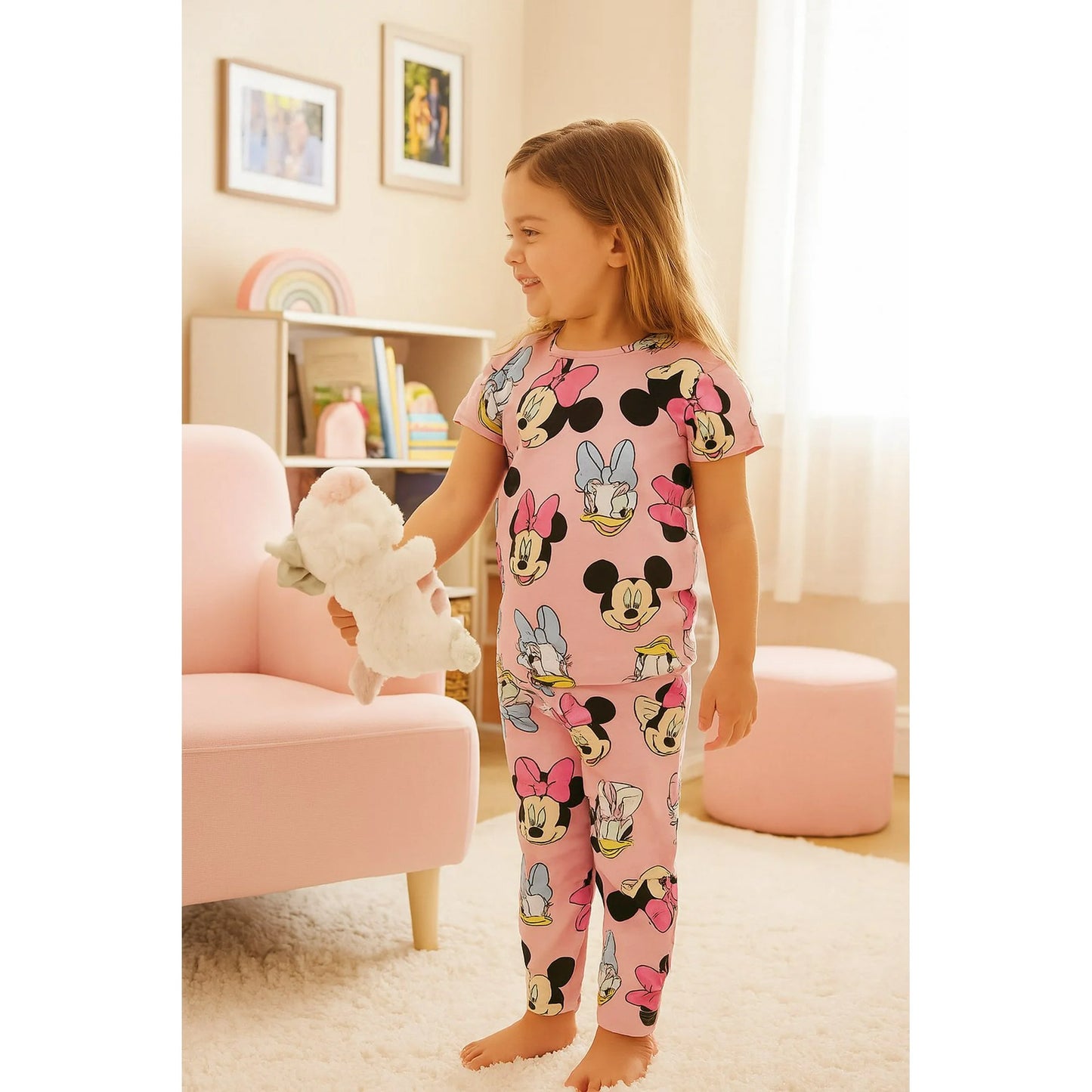Disney Minnie Mouse Girls Short Sleeve 4 Piece Pajama Set with Top and Pants – Soft Character Sleepwear for Kids