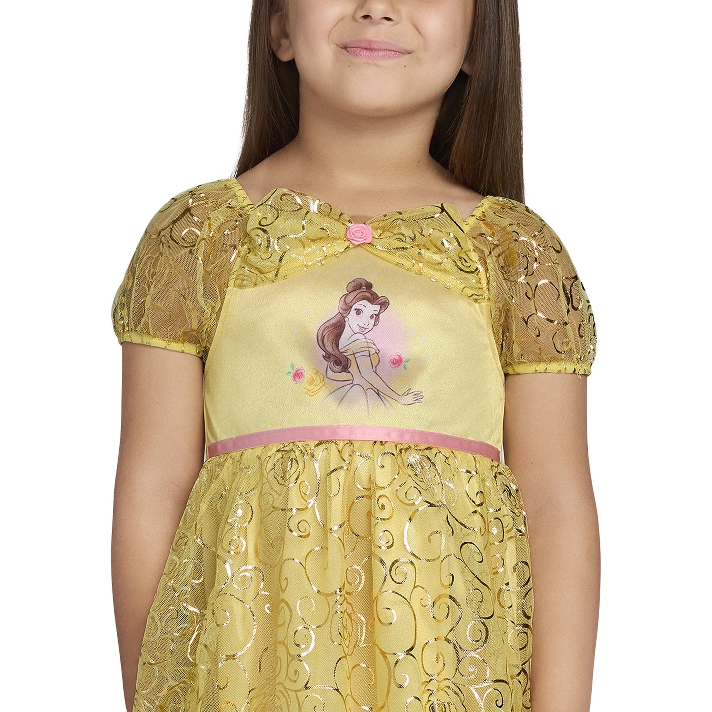 Disney Princess Belle Girls Yellow Nightgown with Gold Overlay Short Sleeve Sleep Dress