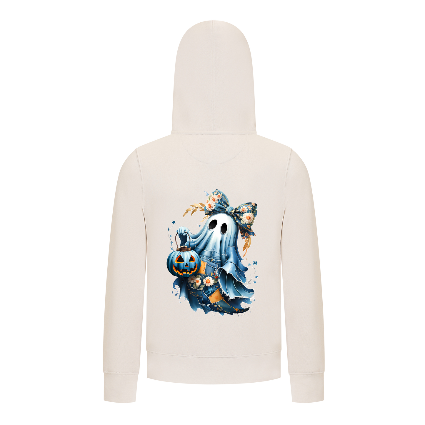 Everyday Kids “Coquette Ghost” Halloween Pullover Hoodie – Cute Floral Bow Ghost with Pumpkin Lantern – Cozy Fall Sweatshirt for Girls, Off-White