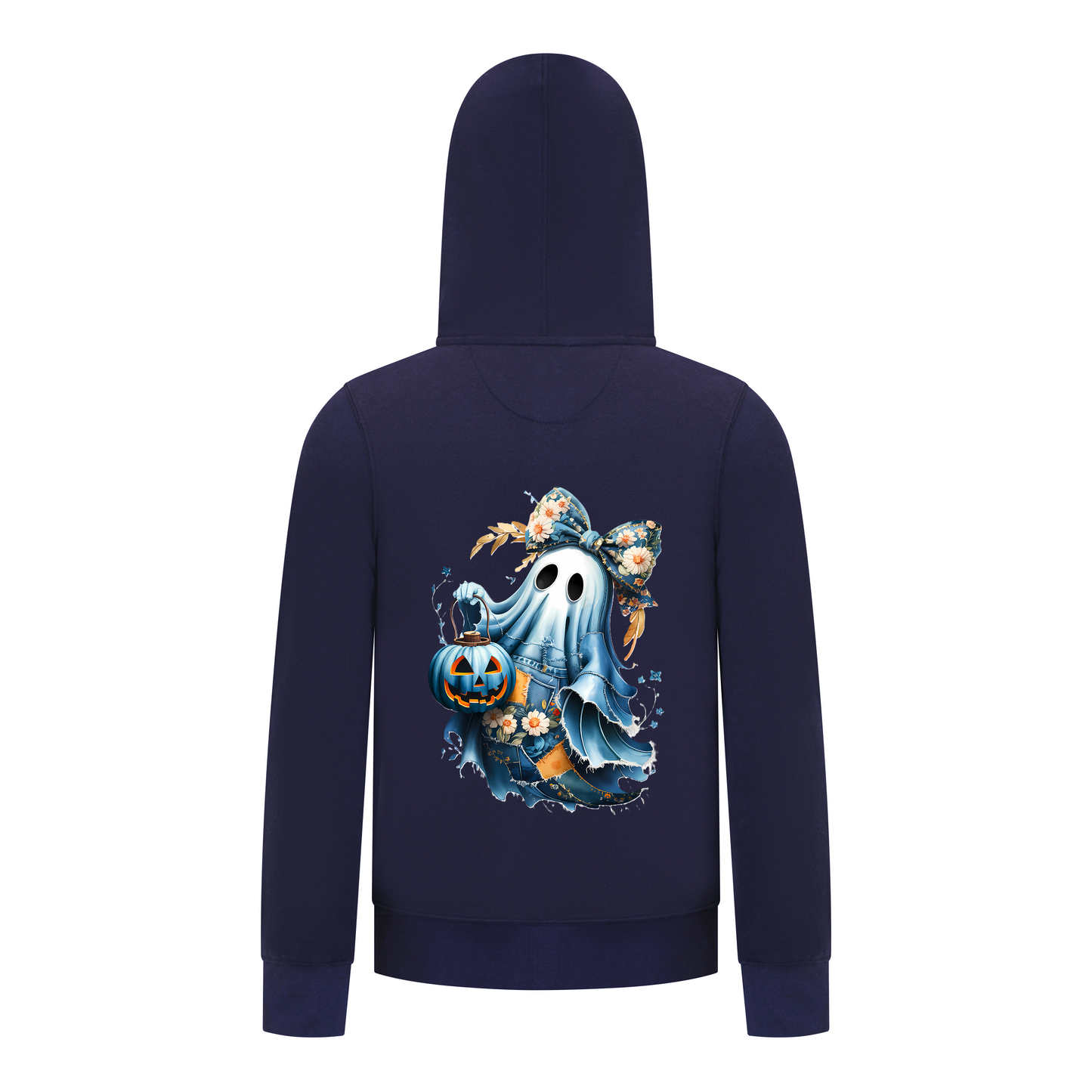 Everyday Kids “Coquette Ghost” Halloween Pullover Hoodie – Cute Floral Bow Ghost with Pumpkin Lantern – Cozy Fall Zip-Up Sweatshirt for Girls, Navy