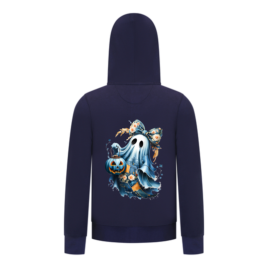 Everyday Kids “Coquette Ghost” Halloween Pullover Hoodie – Cute Floral Bow Ghost with Pumpkin Lantern – Cozy Fall Sweatshirt for Girls, Navy
