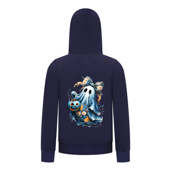 Everyday Kids “Coquette Ghost” Halloween Pullover Hoodie – Cute Floral Bow Ghost with Pumpkin Lantern – Cozy Fall Sweatshirt for Girls, Navy