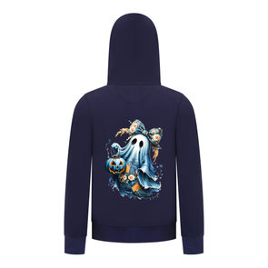 Everyday Kids “Coquette Ghost” Halloween Pullover Hoodie – Cute Floral Bow Ghost with Pumpkin Lantern – Cozy Fall Zip-Up Sweatshirt for Girls, Navy