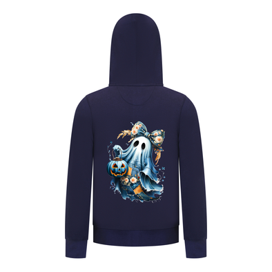 Everyday Kids “Coquette Ghost” Halloween Pullover Hoodie – Cute Floral Bow Ghost with Pumpkin Lantern – Cozy Fall Zip-Up Sweatshirt for Girls, Navy
