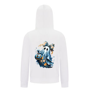 Everyday Kids “Coquette Ghost” Halloween Pullover Hoodie – Cute Floral Bow Ghost with Pumpkin Lantern – Cozy Fall Sweatshirt for Girls, White