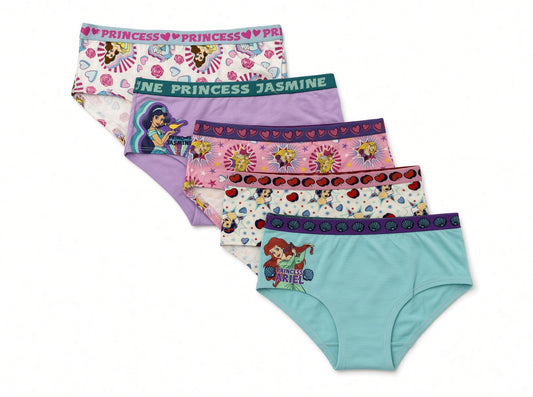 Disney Princess Girls 5-Pack Cotton Hipster Panties, Ariel, Belle, Jasmine, Cinderella & Aurora Underwear, Size 8