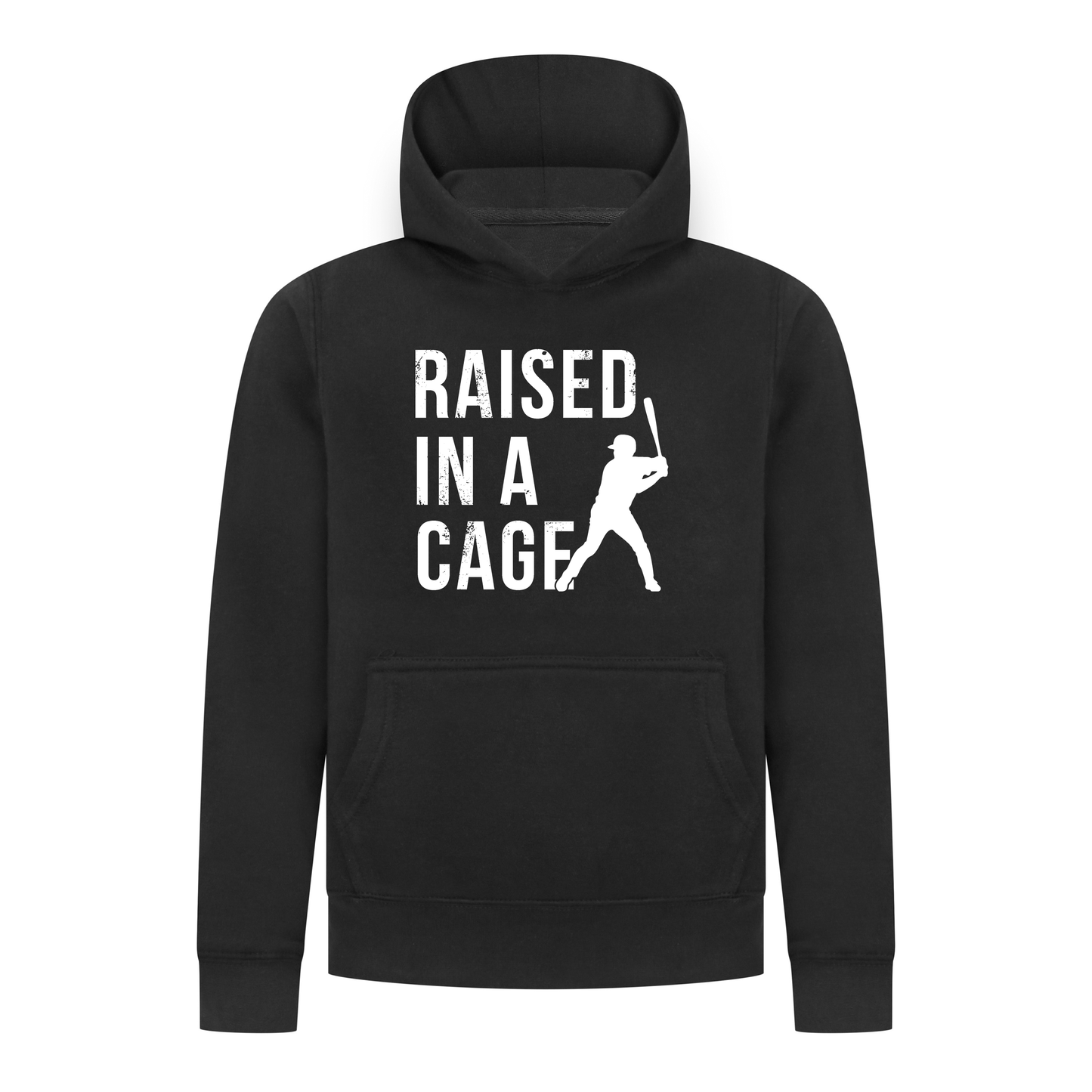 Everyday Kids Baseball Collection Boys Pullover Hoodie – “Raised in a Cage” Batter Graphic Sports Sweatshirt