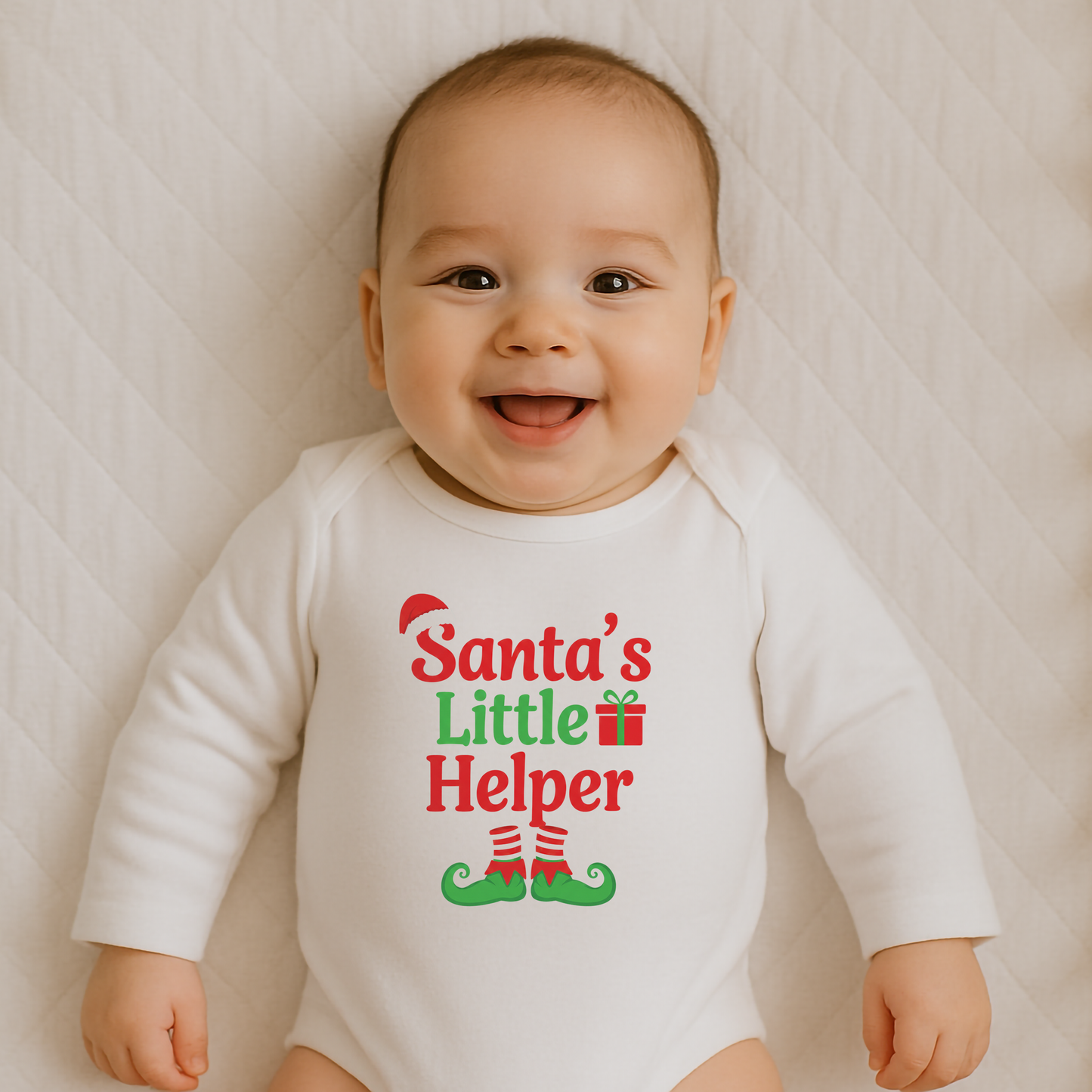 Everyday Kids Christmas Collection Santa’s Little Helper Baby Onesie – Festive Elf Boots & Gift Graphic Bodysuit