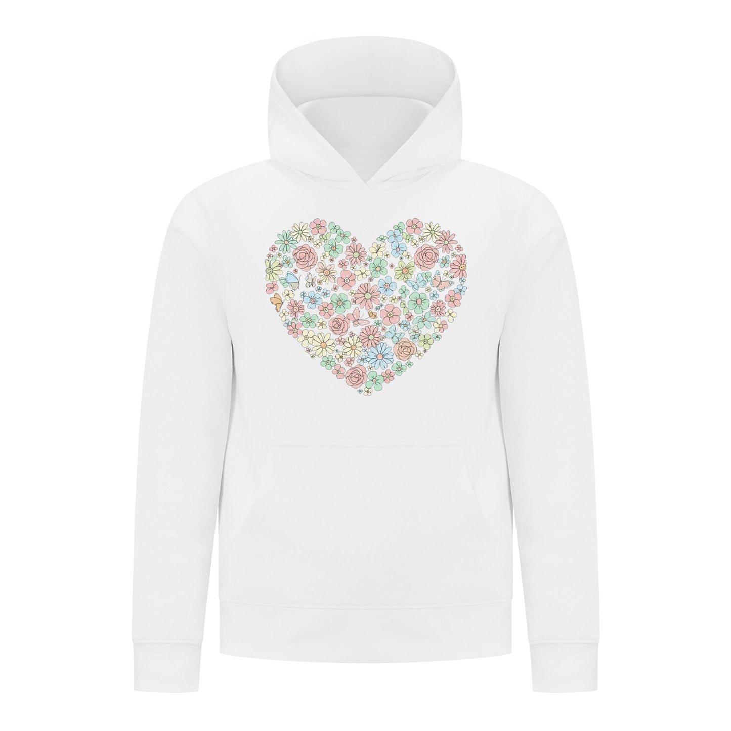 Everyday Kids Floral Heart Girls Pullover Hoodie – Pastel Flower & Butterfly Graphic Sweatshirt