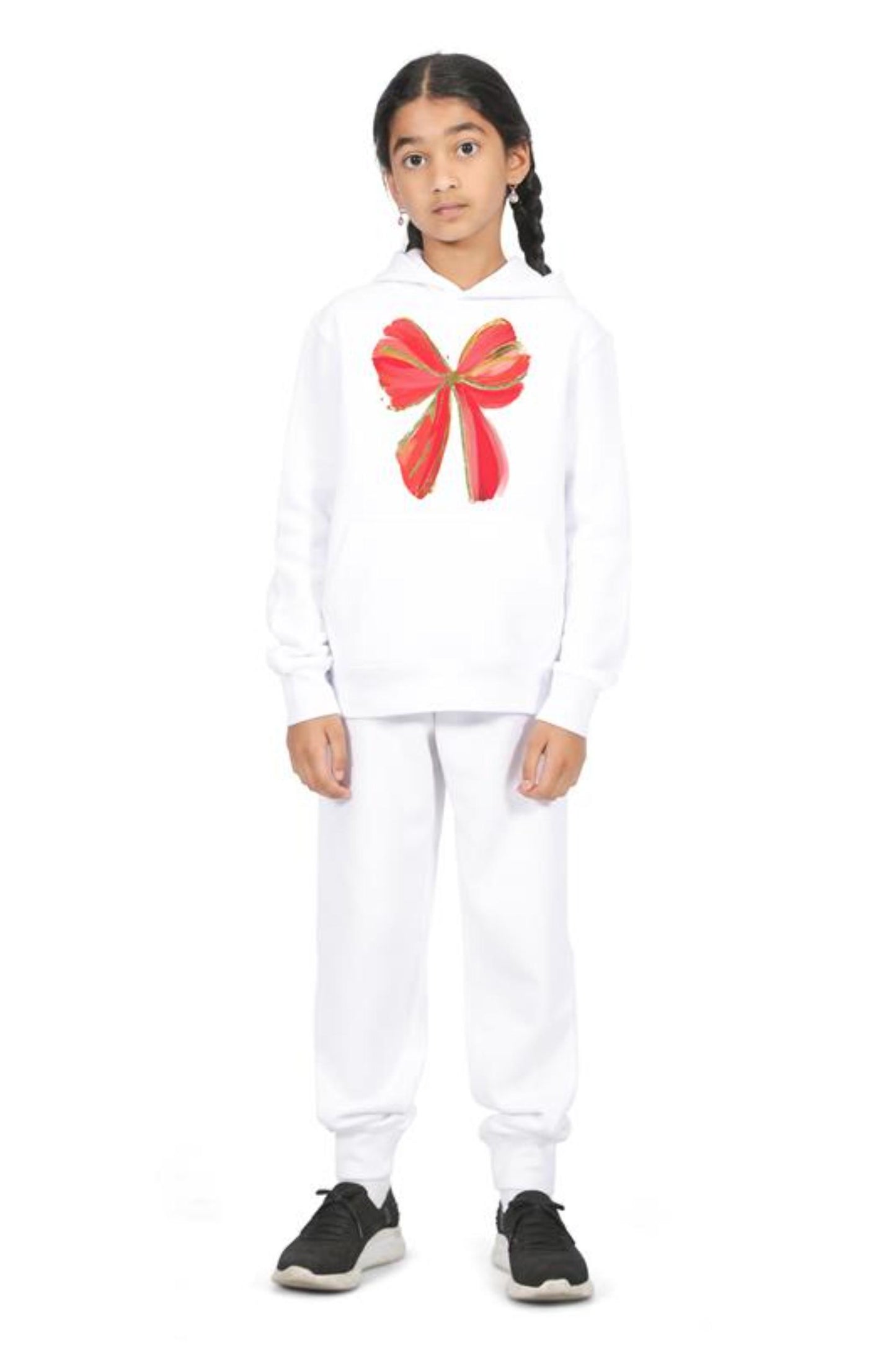 Everyday Kids Christmas Collection Festive Red & Gold Bow Girls Pullover Hoodie – Holiday Sweatshirt - White