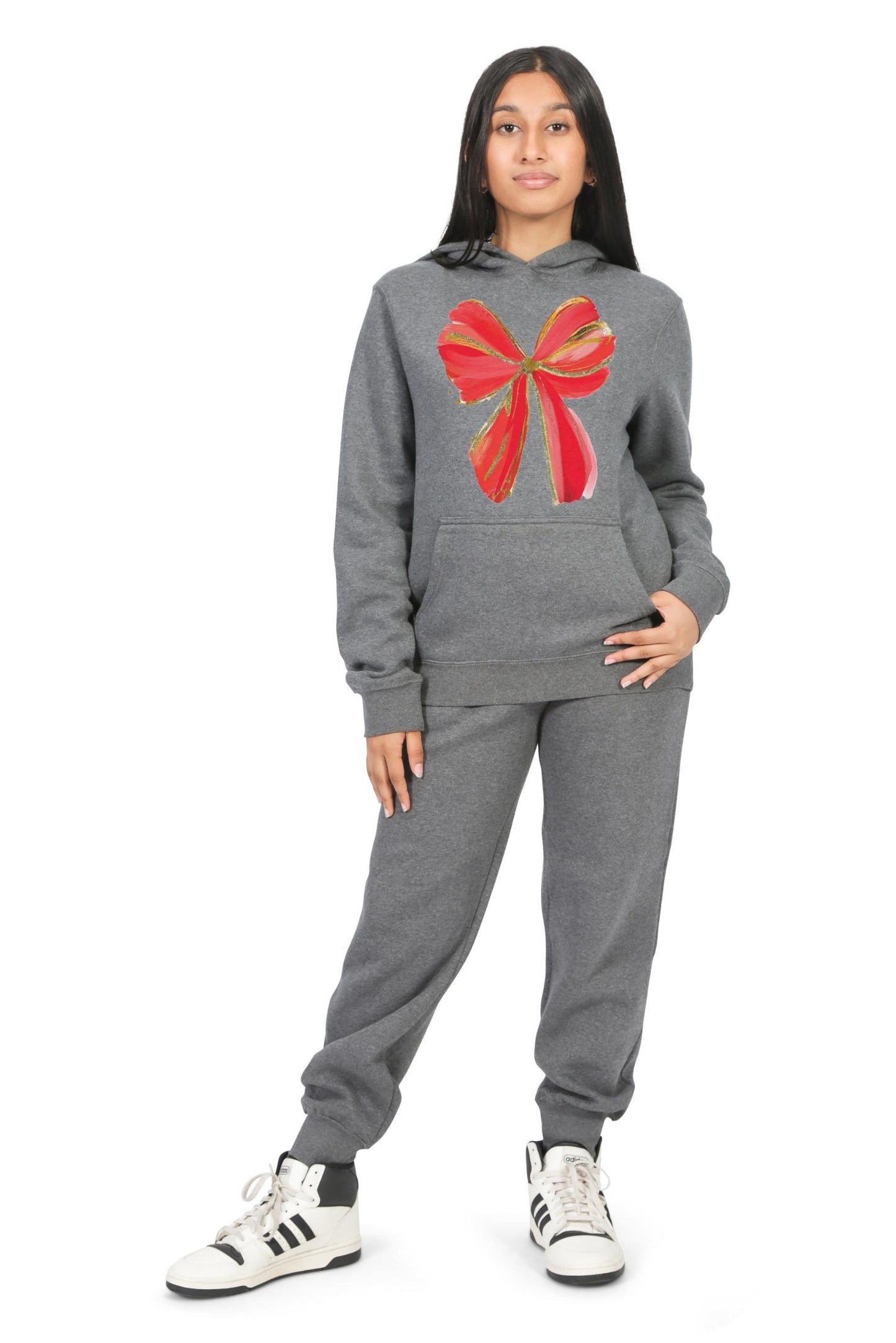 Everyday Kids Christmas Collection Festive Red & Gold Bow Girls Pullover Hoodie – Holiday Sweatshirt - Charcoal Gray