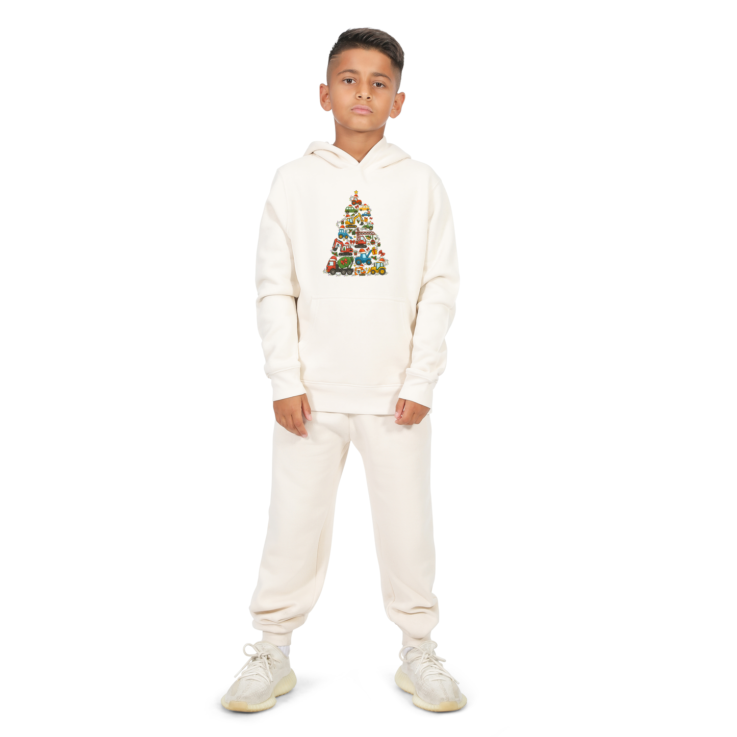 Everyday Kids Christmas Collection Construction Truck Tree Boys Pullover Hoodie – Holiday Sweatshirt - Off White