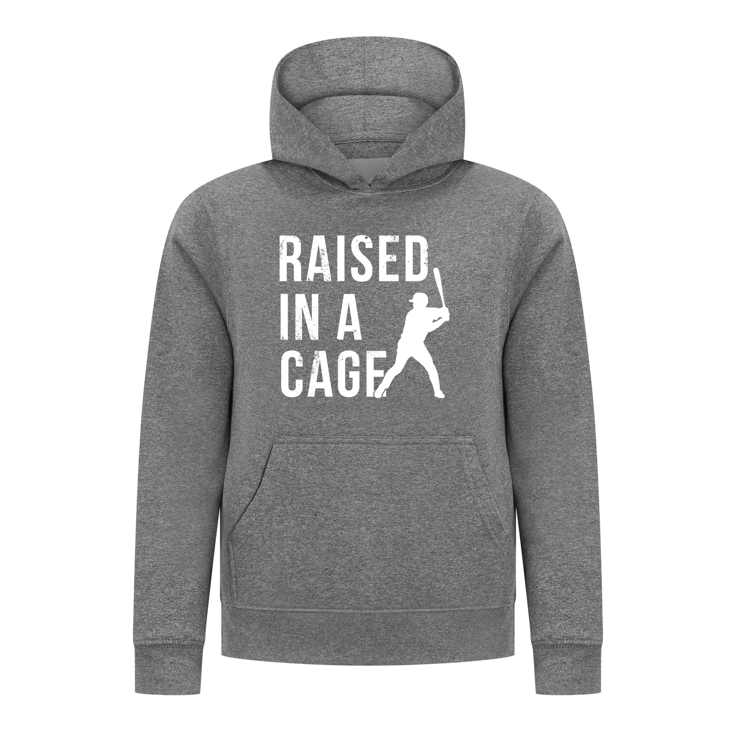 Everyday Kids Baseball Collection Boys Pullover Hoodie – “Raised in a Cage” Batter Graphic Sports Sweatshirt