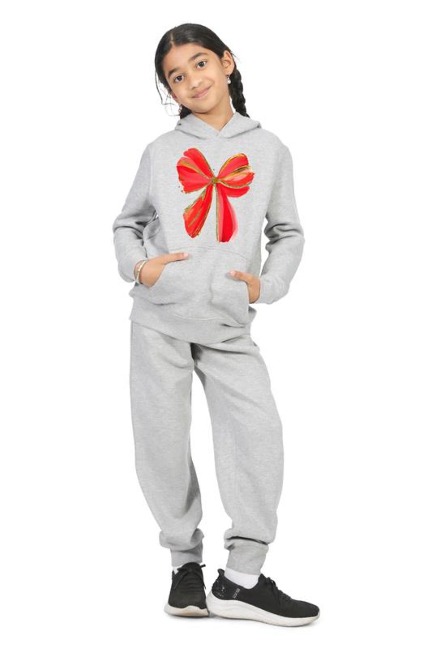 Everyday Kids Christmas Collection Festive Red & Gold Bow Girls Pullover Hoodie – Holiday Sweatshirt - Heather Gray