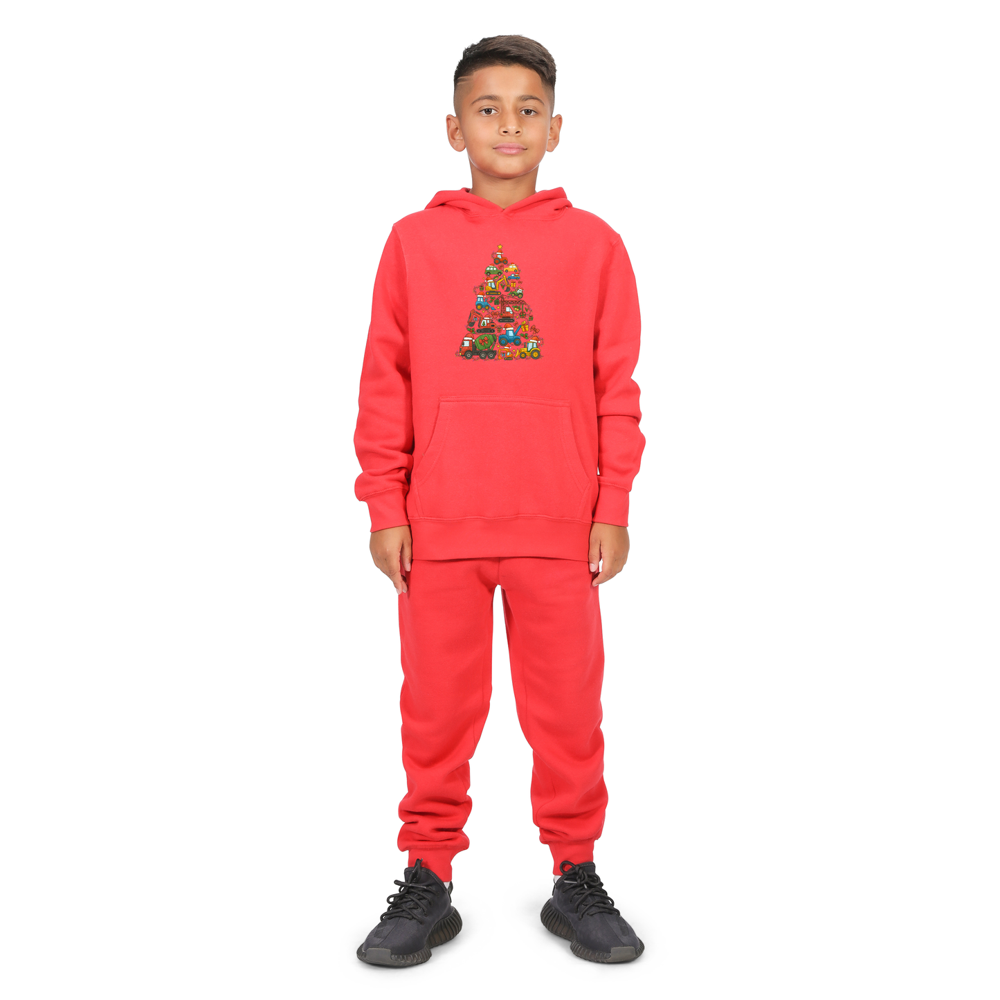 Everyday Kids Christmas Collection Construction Truck Tree Boys Pullover Hoodie – Holiday Sweatshirt - Red