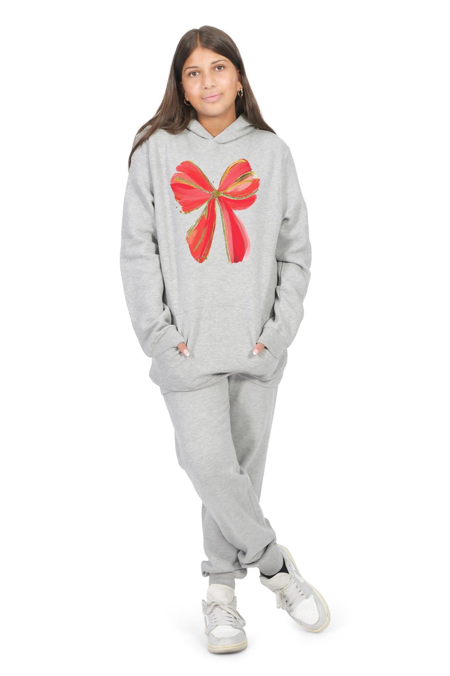 Everyday Kids Christmas Collection Festive Red & Gold Bow Girls Pullover Hoodie – Holiday Sweatshirt - Heather Gray