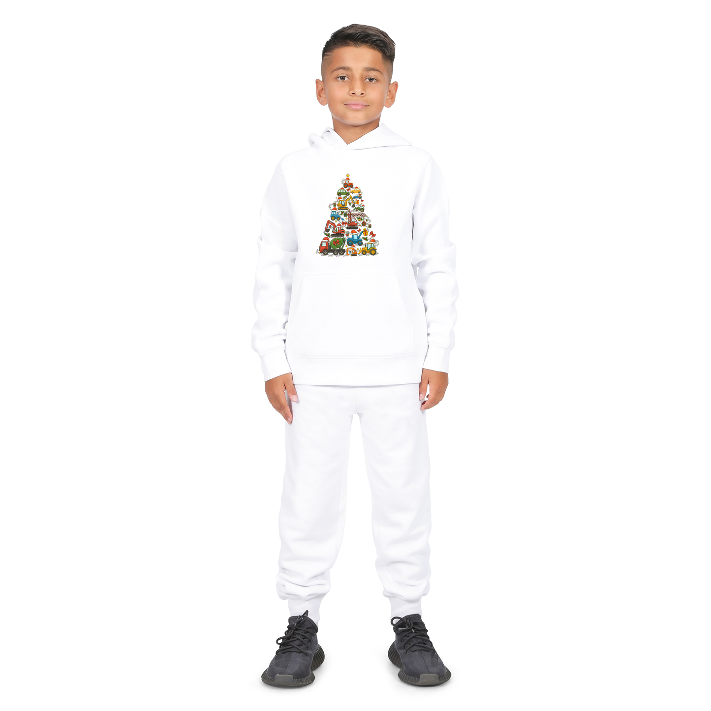 Everyday Kids Christmas Collection Construction Truck Tree Boys Pullover Hoodie – Holiday Sweatshirt - White
