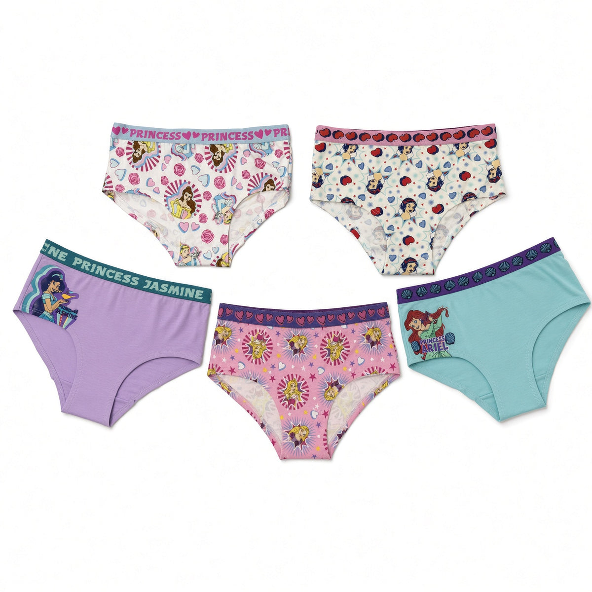 Disney Princess Girls 5-Pack Cotton Hipster Panties, Ariel, Belle, Jasmine, Cinderella & Aurora Underwear, Size 8