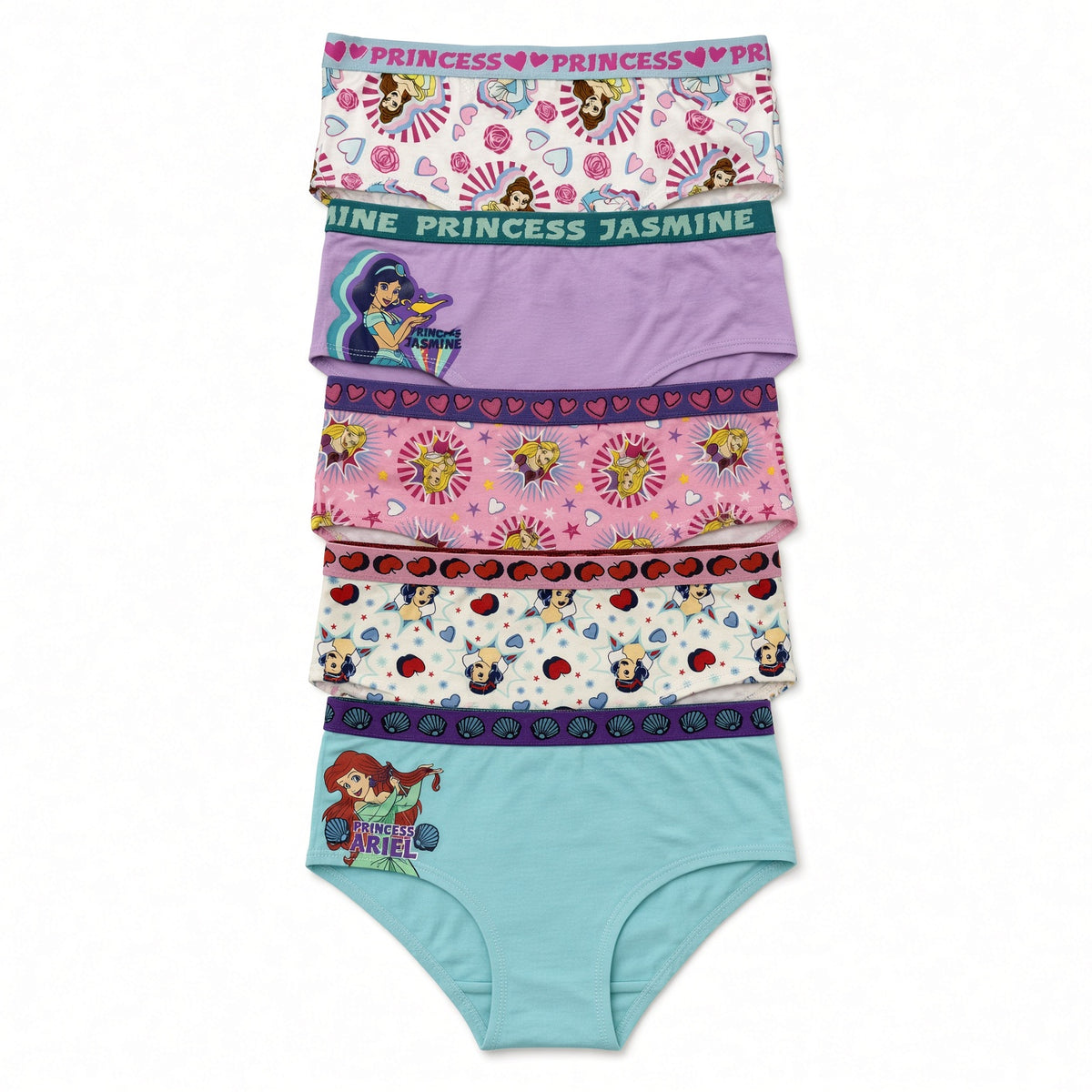 Disney Princess Girls 5-Pack Cotton Hipster Panties, Ariel, Belle, Jasmine, Cinderella & Aurora Underwear, Size 8