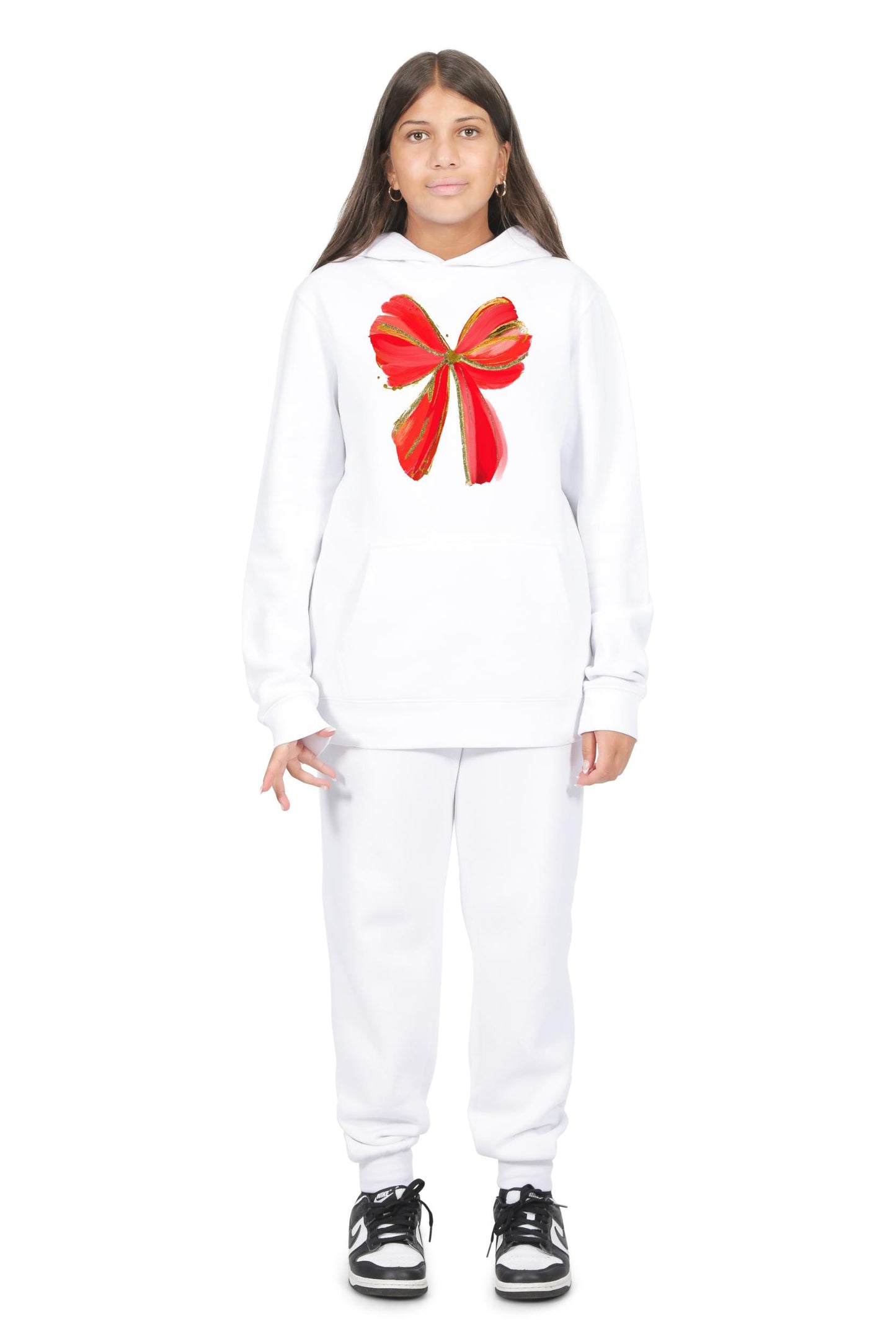 Everyday Kids Christmas Collection Festive Red & Gold Bow Girls Pullover Hoodie – Holiday Sweatshirt - White