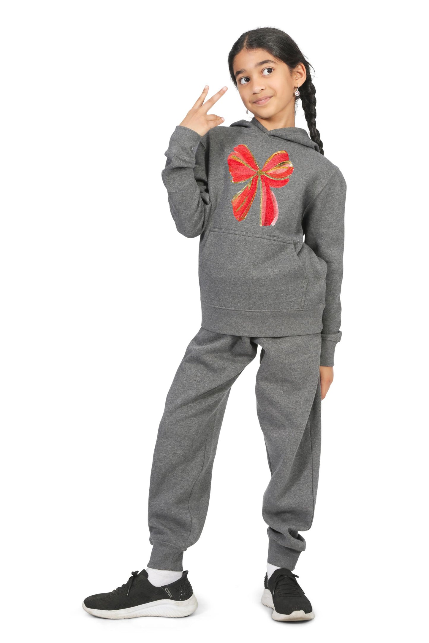 Everyday Kids Christmas Collection Festive Red & Gold Bow Girls Pullover Hoodie – Holiday Sweatshirt - Charcoal Gray