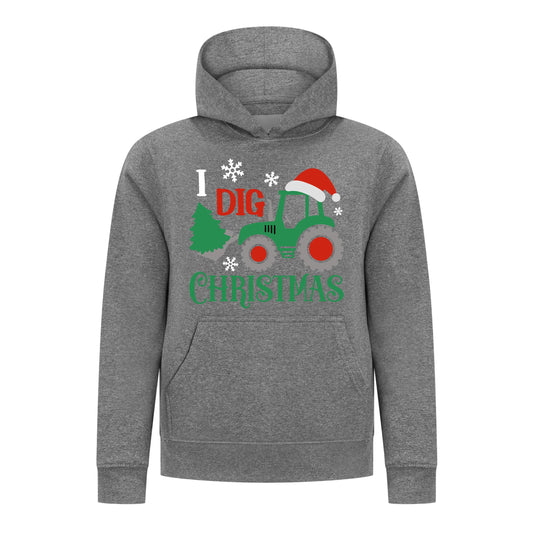 Everyday Kids Christmas Collection I Dig Christmas Pullover Hoodies – Holiday Tractor Sweatshirt - Charcoal Gray