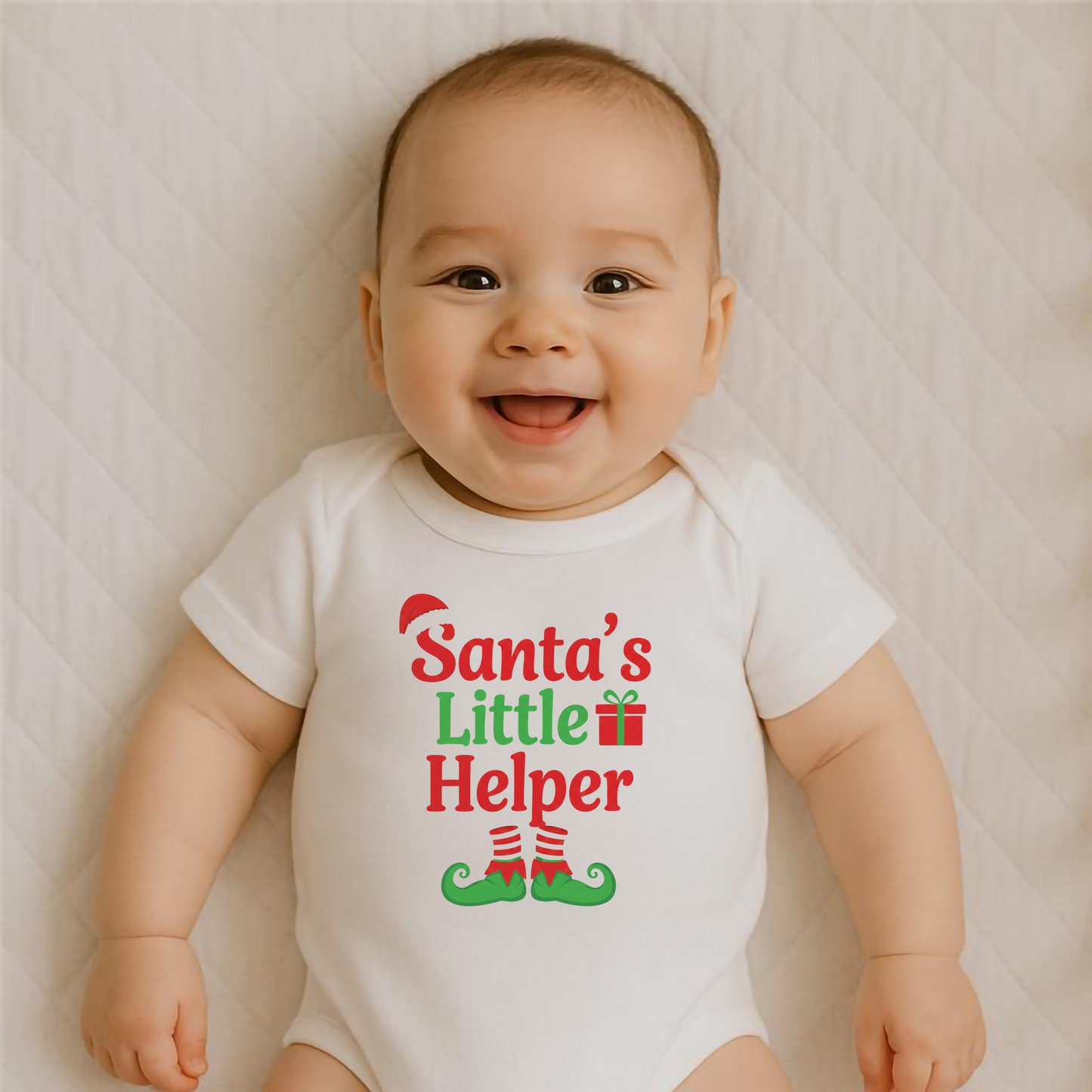 Everyday Kids Christmas Collection Santa’s Little Helper Baby Onesie – Festive Elf Boots & Gift Graphic Bodysuit