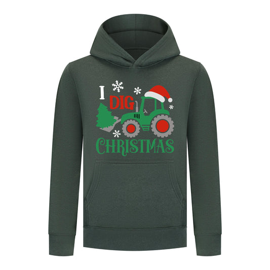 Everyday Kids Christmas Collection I Dig Christmas Pullover Hoodies – Holiday Tractor Sweatshirt - Green
