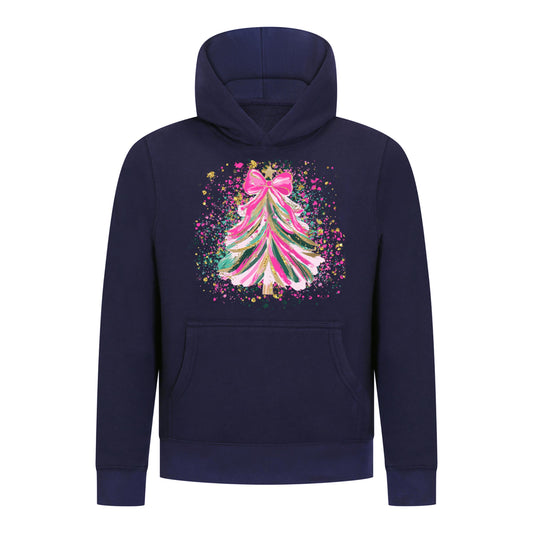Everyday Kids Christmas Collection Pink & Gold Splatter Tree Girls Pullover Hoodie – Holiday Sweatshirt