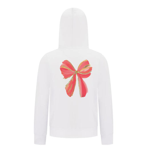 Everyday Kids Christmas Collection Festive Red & Gold Bow Girls Zip Up Hoodie – Holiday Sweatshirt - White