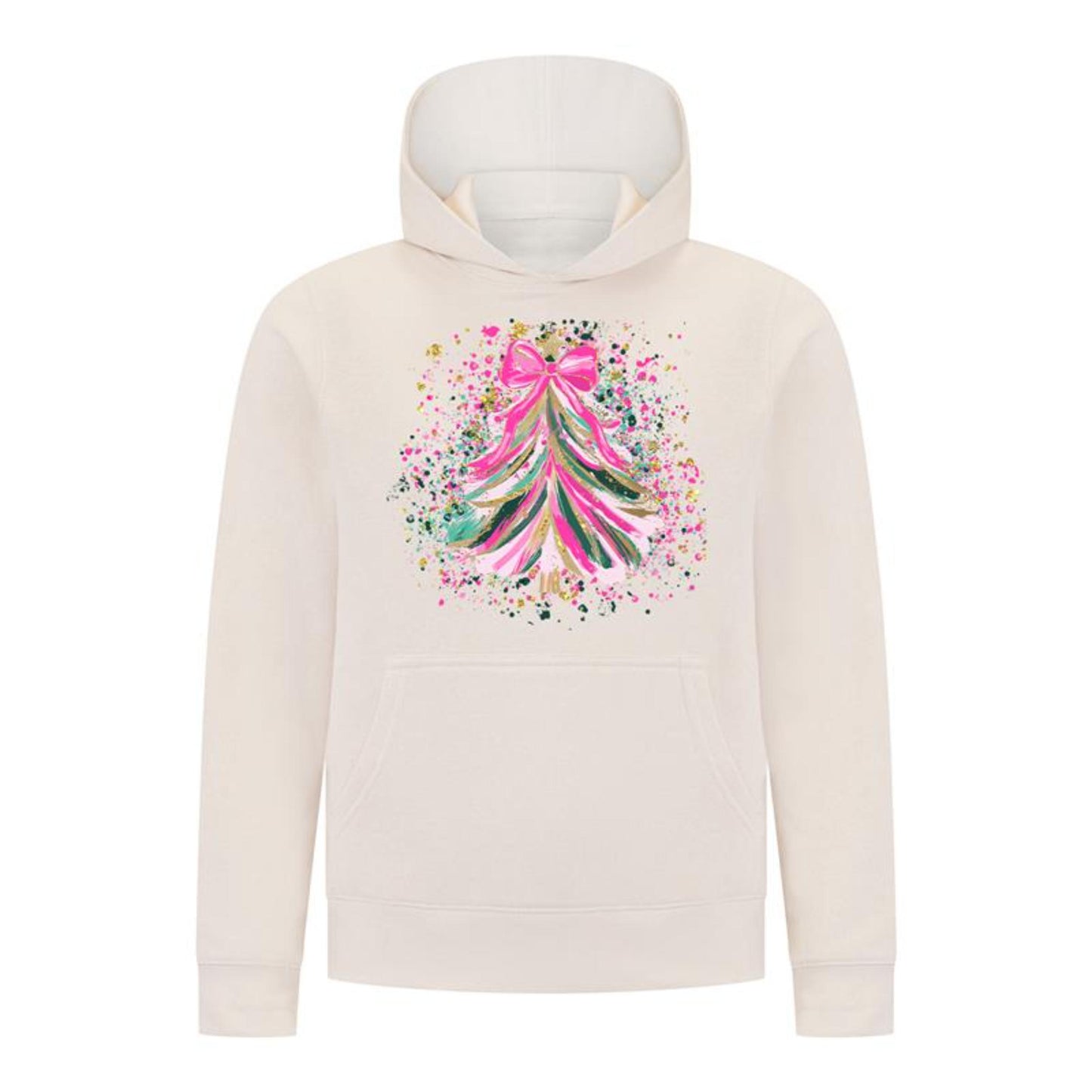 Everyday Kids Christmas Collection Pink & Gold Splatter Tree Girls Pullover Hoodie – Holiday Sweatshirt